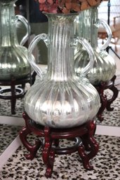 Contemporary Mercury Glass Double Handled Vase On Chinese Carved Wood Stand.