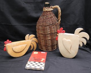 Home Decor Including Assorted Rooster Decor And A Wicker Wrapped Jug