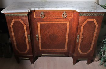 Gorgeous French Style Marble Top Burl Wood Buffet With Bronze Ormolu