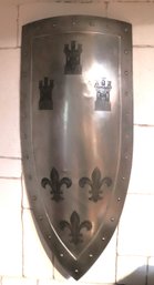 Vintage Medieval Metal Shield Dcor With Castle & Fleur De Lis Detail