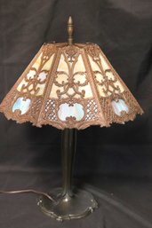 Heavy Antique Slag Glass Lamp With Art Nouveau Organic Vines And Metal Base.