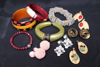 A Fun And Funky Costume Jewelry Lot With 6 Bracelets And 5 Earrings, Some Signed.
