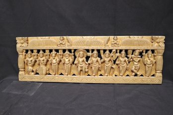 Carved Gilt Wood Panel With Indian Figures, Some Wearing Animal Masks.