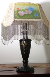 Meyda Reverse Painted Roses Fabric With Fringe Shade Table Lamp