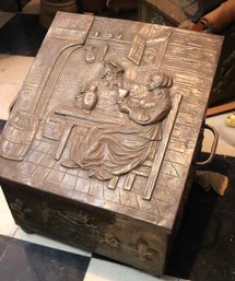 Antique Wood Coal Box With Embossed Copper Exterior