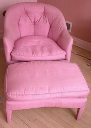A Comfortable Curved Back Arm Chair With Ottoman, In Nubby Light Purple Fabric, With Tufting.