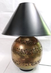 Large Round Pierced Brass Table Lamp With Black Shade.
