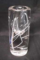 Signed Clear Art Glass Vase, With Abstract Design.