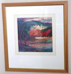 Framed Impressionist Style Landscape Of Mountains And Trees