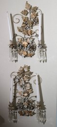 Pair Of Metal Wall Sconces With Grape Leaf Motif For 2 Candlesticks.