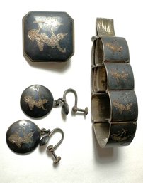 Sterling Silver Ensemble Includes Bracelet, Earrings & Dancers Pin From Siam.