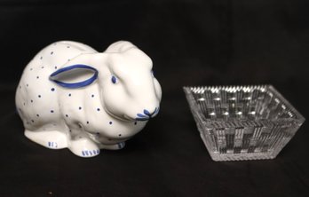 Tiffany And Co. Bunny Rabbit Bank With Blue Trim, And Small Bowl.