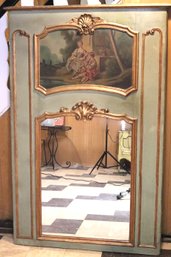 Gorgeous Antique French Trumeau Mirror With Hand Painted Panel Of 18th Century Serenade.