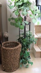 Wrought Iron 2 Tier Plant Stand With Ceramic Planters And Tall Rope Basket.