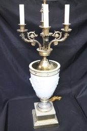 Neoclassic Style White Bisque And Brass 4 Arm Candelabra Lamp