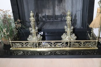 Neoclassical Style Brass Andirons And Fireplace Fender.
