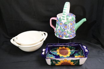 Mexican Pottery With Sunflower Design, Present Tense Hand Painted Pitcher Made In Italy And Gallery Serving Bo