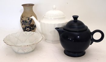Blue Fiesta Ware Teapot Made In USA, Signed Pottery Vase. Klausenberg Woven Porcelain Bowl Signed Arica J,