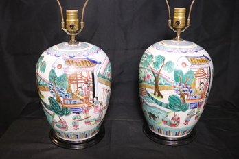 Pair Of Hand Painted Chinese Porcelain Ginger Jar Lamps With Colorful Garden Scenes.