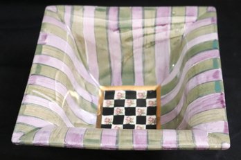 Mackenzie Childs Torquay Square Bowl With Green Purple Stripe/rose Black Checkered Pattern