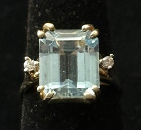 14K YG Blue Topaz Cocktail Ring With Diamond Accent Stones, Size 6- Topaz Has Emerald Cut.