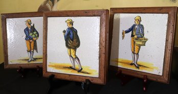 Collection Of 3 Vintage Hand Painted Ceramic Tiles Encased In A Wood Frame By Ceramics Sevilla