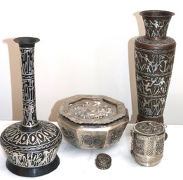 Collection Includes Egyptian Cairo Ware Brass Vases With Silver & Copper Inlay & Trinket Boxes