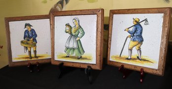 Collection Of 3 Vintage Hand Painted Ceramic Tiles Encased In A Wood Frame By Ceramics Sevilla