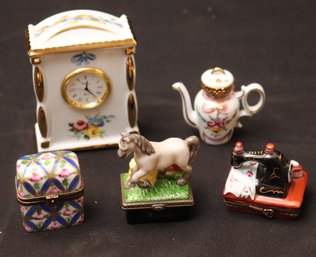 Assorted Miniatures Trinket/pill Boxes Including Arabian Horse By PHB Collection, Sewing Machine And Kettle By