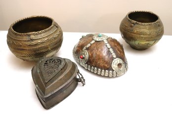 Vintage African Benin Brass Rice Bowls, Unique Bowl Made From Shell With Skull Accents & Vintage Heart Shap