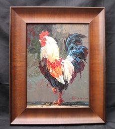 Still Life Painting Of A Proud Colorful Rooster Signed By The Artist In A Wood Frame.