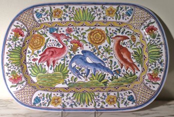 Hand Painted Rectangular Portuguese Platter Featuring Birds And Flowers.