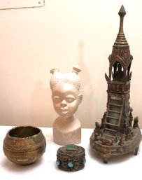 Vintage Brass African Benin Rice Bowl, Carved Marble Bust & Ornate Brass Shaivite Shrine Statue