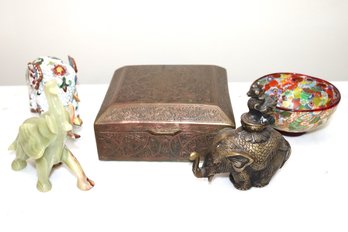 Miniatures Include Enameled Elephant, Carved Stone Elephant, Brass Elephant Bottle, Trinket Box & Painted G