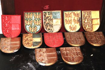 Collection Of Painted Medieval Metal Crest Emblems/shields Includes Griffins & Rampant Lions
