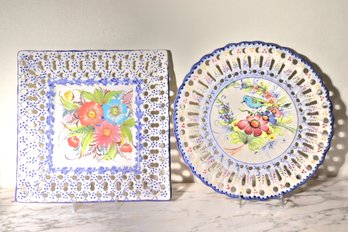 Two Decorative Hand Painted Wall Plates Made In Portugal.