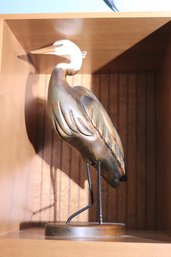 Gracefully Carved Wooden Egret On Base