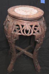 Hand Carved Chinese Wooden Plant Stand With Gray Veined Marble Top.