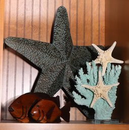 Lot Of Nautical Objects With 2 Wooden Fish, Mounted Coral, And Metal Starfish