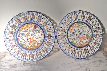 Two Decorative Portuguese Wall Plates With Reticulated Edges
