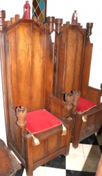 Pair Of Heavy Solid Oak Throne/knights Chairs With Metal Figural Accents