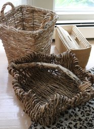 Lot Of 3 Woven Wood Baskets, 2 With Handles.