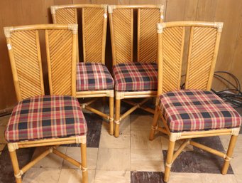 Set Of 4 1950s Era Rattan Chairs With Plaid Seats.