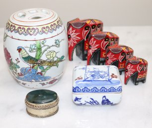 Asian Style Miniatures As Pictured Includes Hand Carved/painted Elephants & Small Hand Painted Chinese Tea