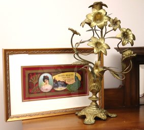 Queen Beauty Soap Advertisement And Floral Brass Candle Holder.