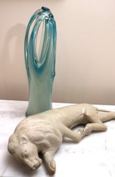 Hand Blown Ocean Blue Art Glass Sculpture & Polished Stone Lion Sculpture By Artist David Wanganga Ostrich