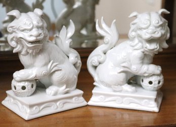 Pair Of White Porcelain Foo Dogs Or Chinese Guardian Lions