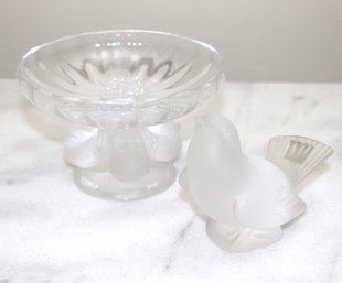 Lalique France Crystal Dove & Lalique Trinket Dish, Both Pieces Are Signed On The Bottom