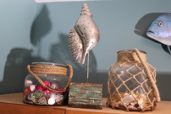 Lot Of Nautical Themed Items With Mounted Metal Shell,