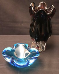 Stylish Blown Art Glass Including Blue Bowl And Cranberry Toned Vase